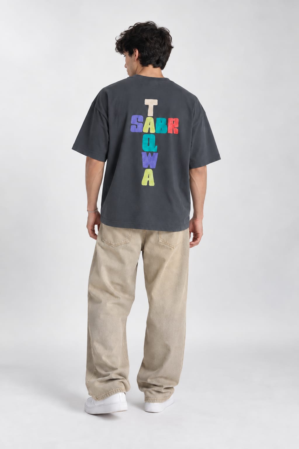 Sabr & Taqwa Bubble Block Crossword Oversized Unisex Grey T-Shirt