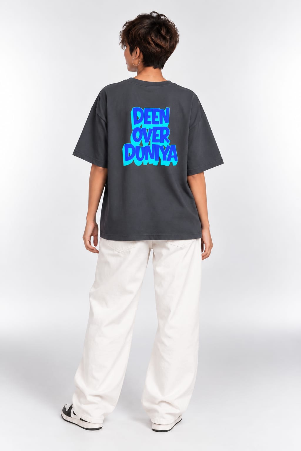 Deen Over Duniya Neon Graphic Oversized Unisex Grey T-Shirt
