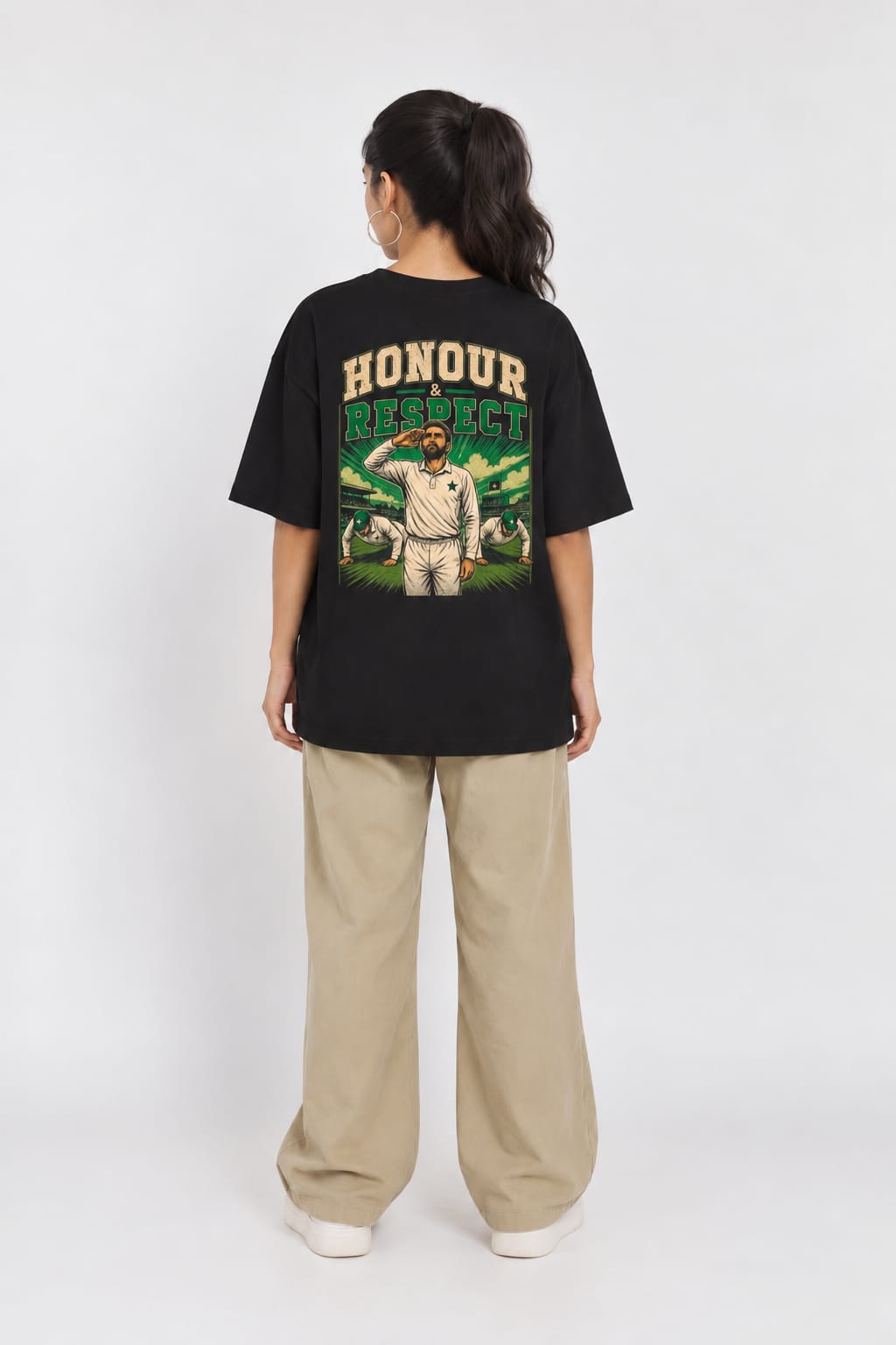 Honour & Respect Cricket Graphic Oversized Unisex Black T-Shirt