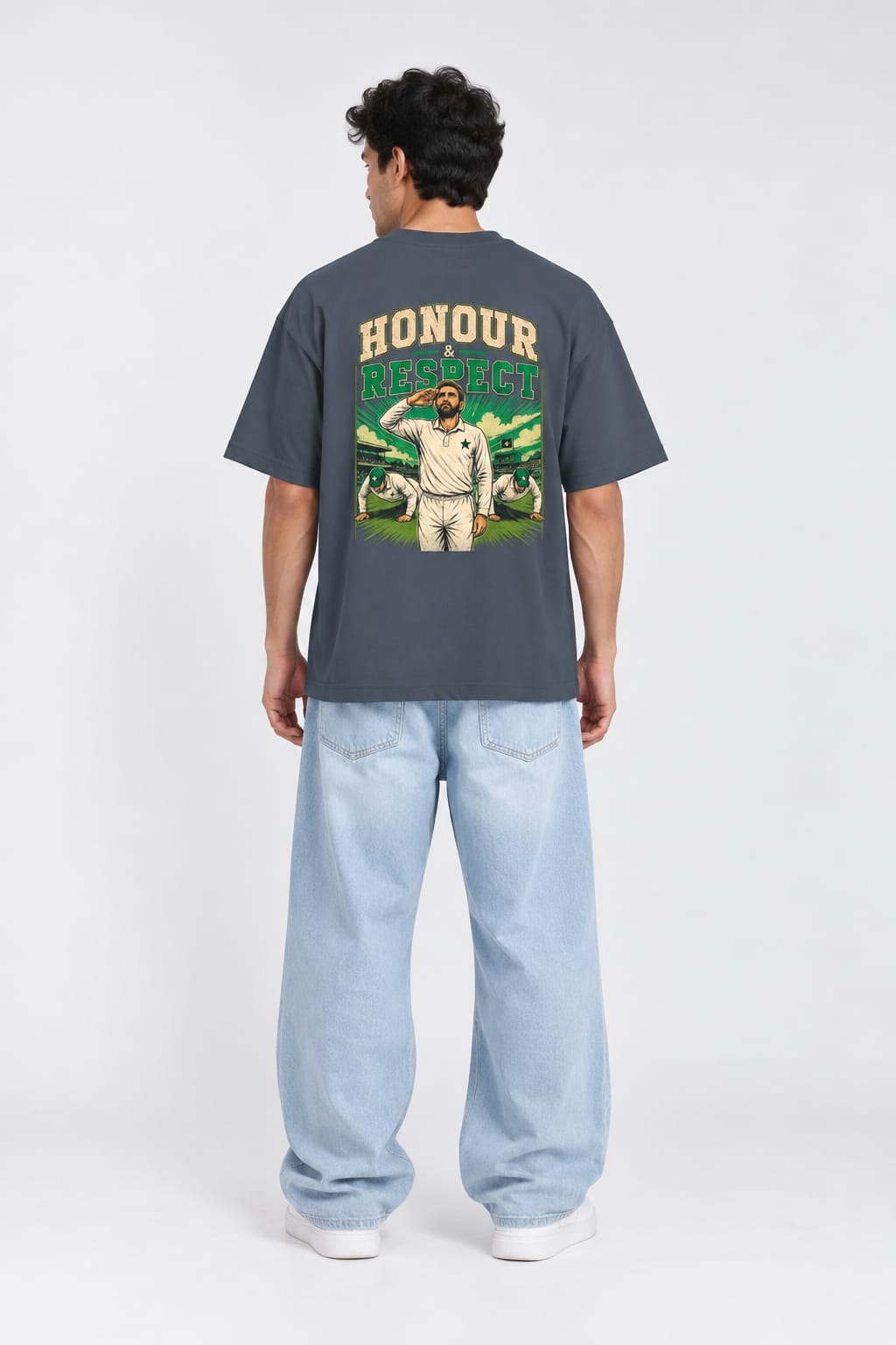 Honour & Respect Cricket Graphic Oversized Unisex Grey T-Shirt