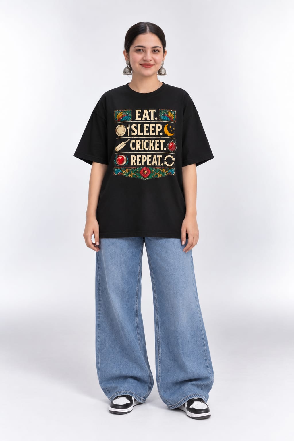 Eat Sleep Cricket Repeat Graphic Oversized Unisex Black T-Shirt