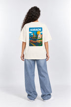 Vintage Karachi Travel Poster Oversized Unisex Oatmeal Cream T-Shirt