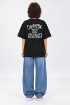 Rooted in Faith Distressed Block Font Oversized Unisex Black T-Shirt