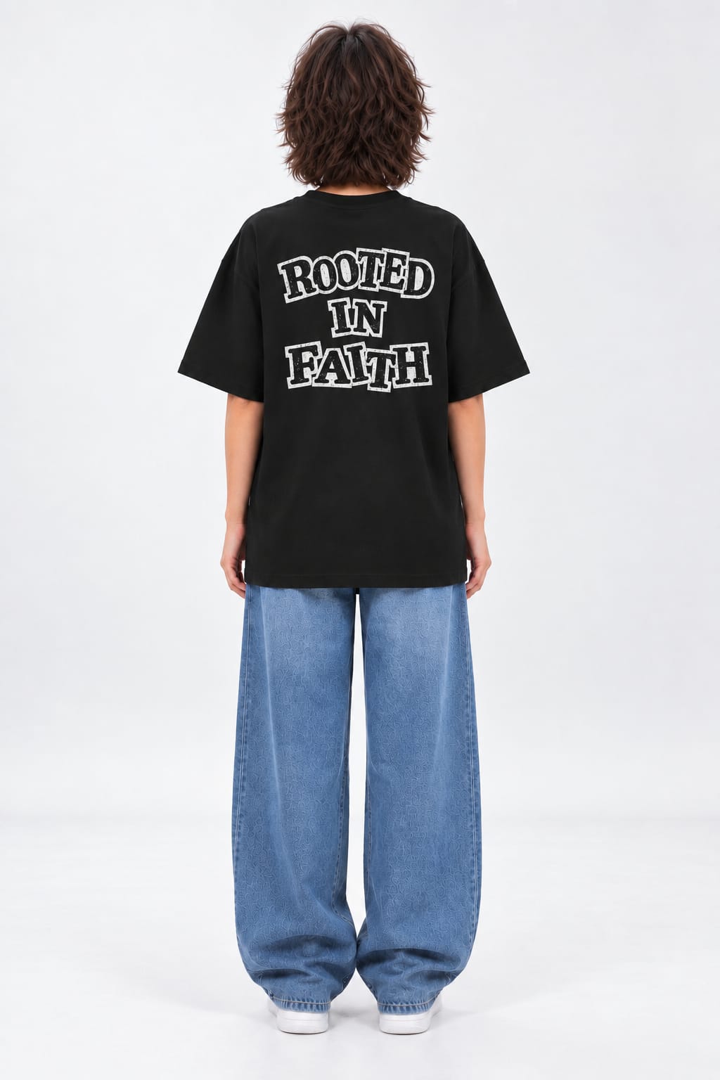 Rooted in Faith Distressed Block Font Oversized Unisex Black T-Shirt