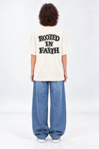 Rooted in Faith Distressed Block Font Oversized Unisex Oatmeal Cream T-Shirt