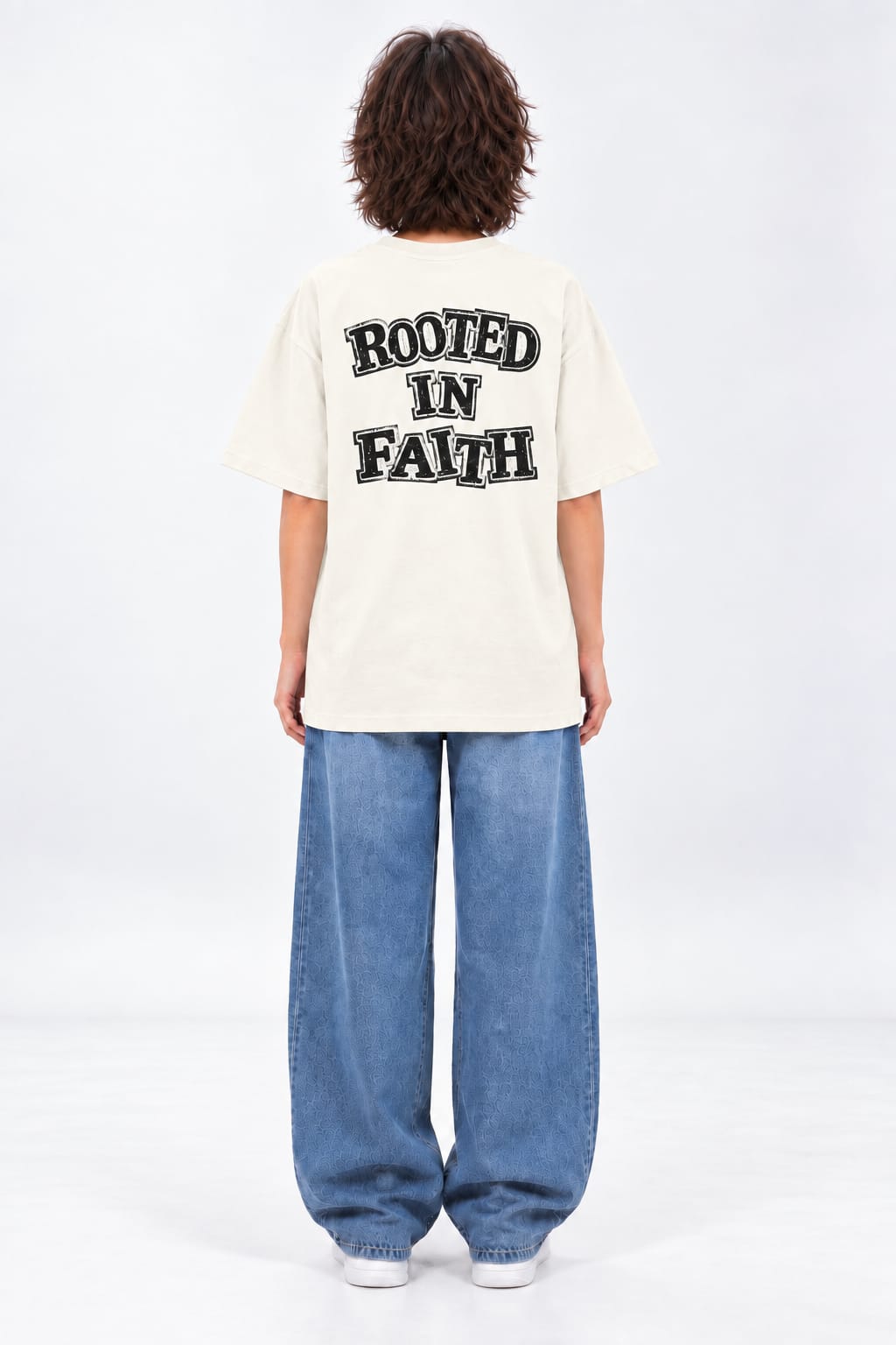 Rooted in Faith Distressed Block Font Oversized Unisex Oatmeal Cream T-Shirt