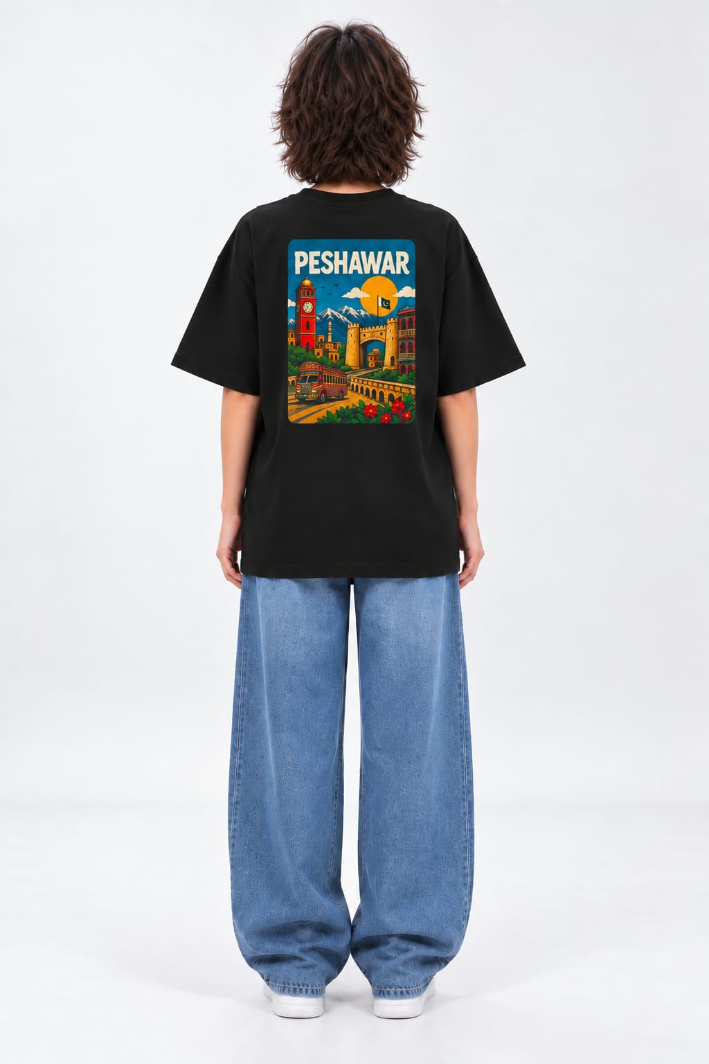 Vintage Peshawar Travel Poster Oversized Unisex Black T-Shirt