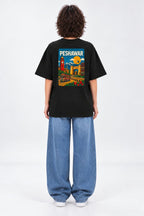 Vintage Peshawar Travel Poster Oversized Unisex Black T-Shirt