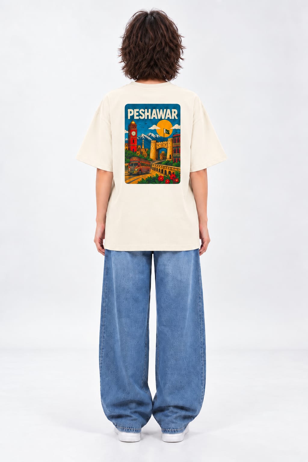 Vintage Peshawar Travel Poster Oversized Unisex Oatmeal Cream T-Shirt