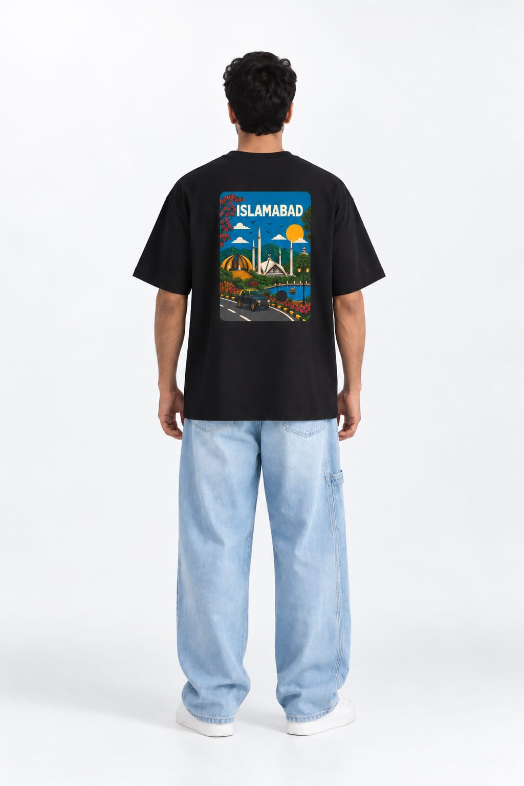 Vintage Islamabad Travel Poster Oversized Unisex Black T-Shirt