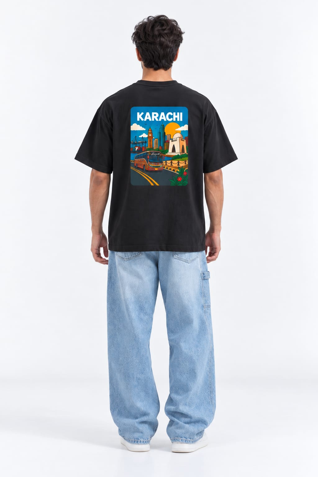 Vintage Karachi Travel Poster Oversized Unisex Black T-Shirt
