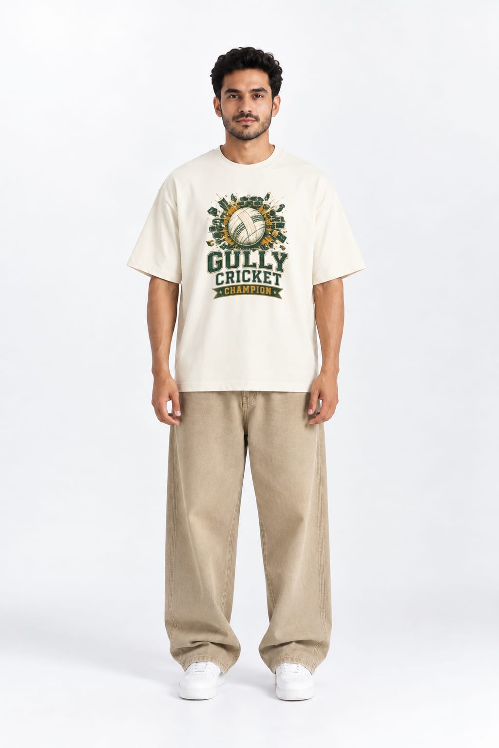 Gully Cricket Champion Oversized Unisex Graphic Oatmeal Cream T-Shirt