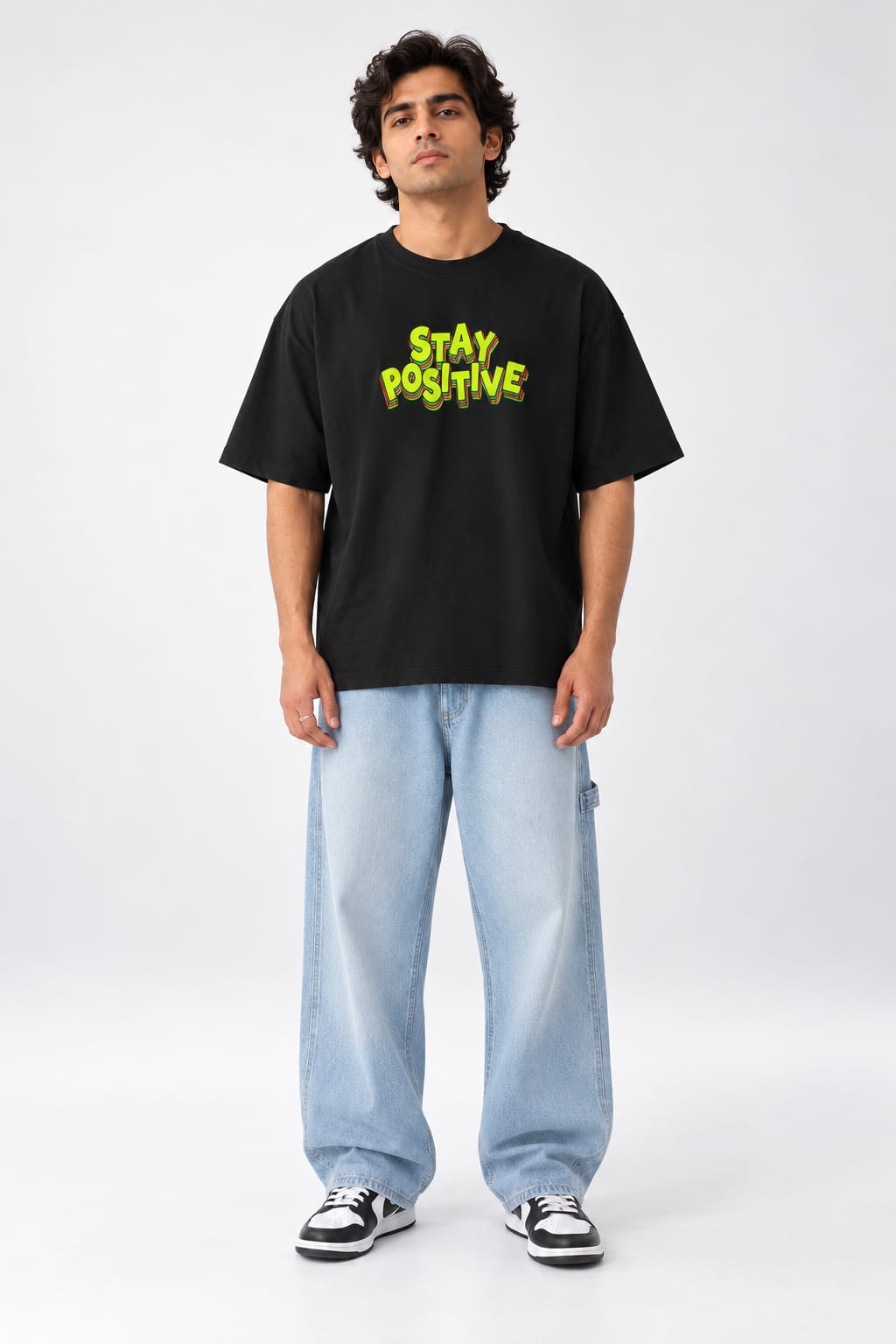 Stay Positive Retro Layered Graphic Oversized Unisex Black T-Shirt