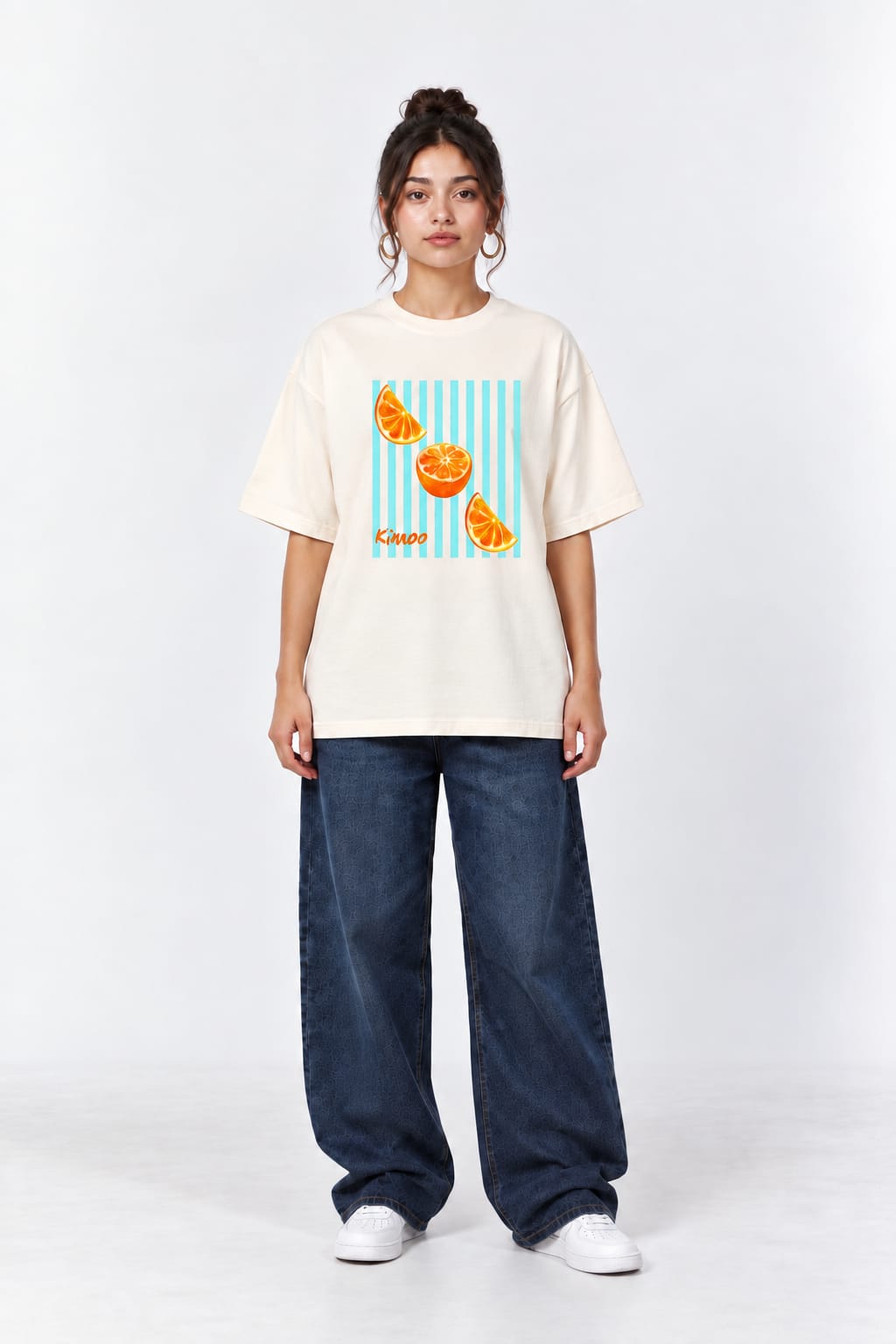 Kinnoo Citrus Aqua Stripes Oversized Unisex Graphic Oatmeal Cream T-Shirt
