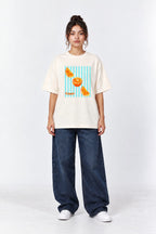 Kinnoo Citrus Aqua Stripes Oversized Unisex Graphic Oatmeal Cream T-Shirt