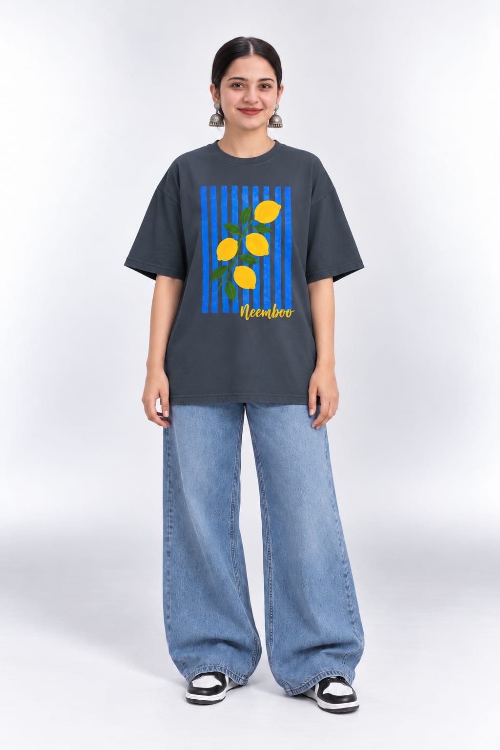 Neemboo Lemon Striped Graphic Oversized Unisex Grey T-Shirt