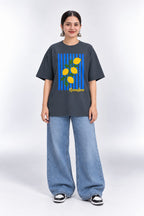 Neemboo Lemon Striped Graphic Oversized Unisex Grey T-Shirt