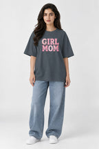 Girl Mom Patterned Block Text Oversized Graphic Grey T-Shirt