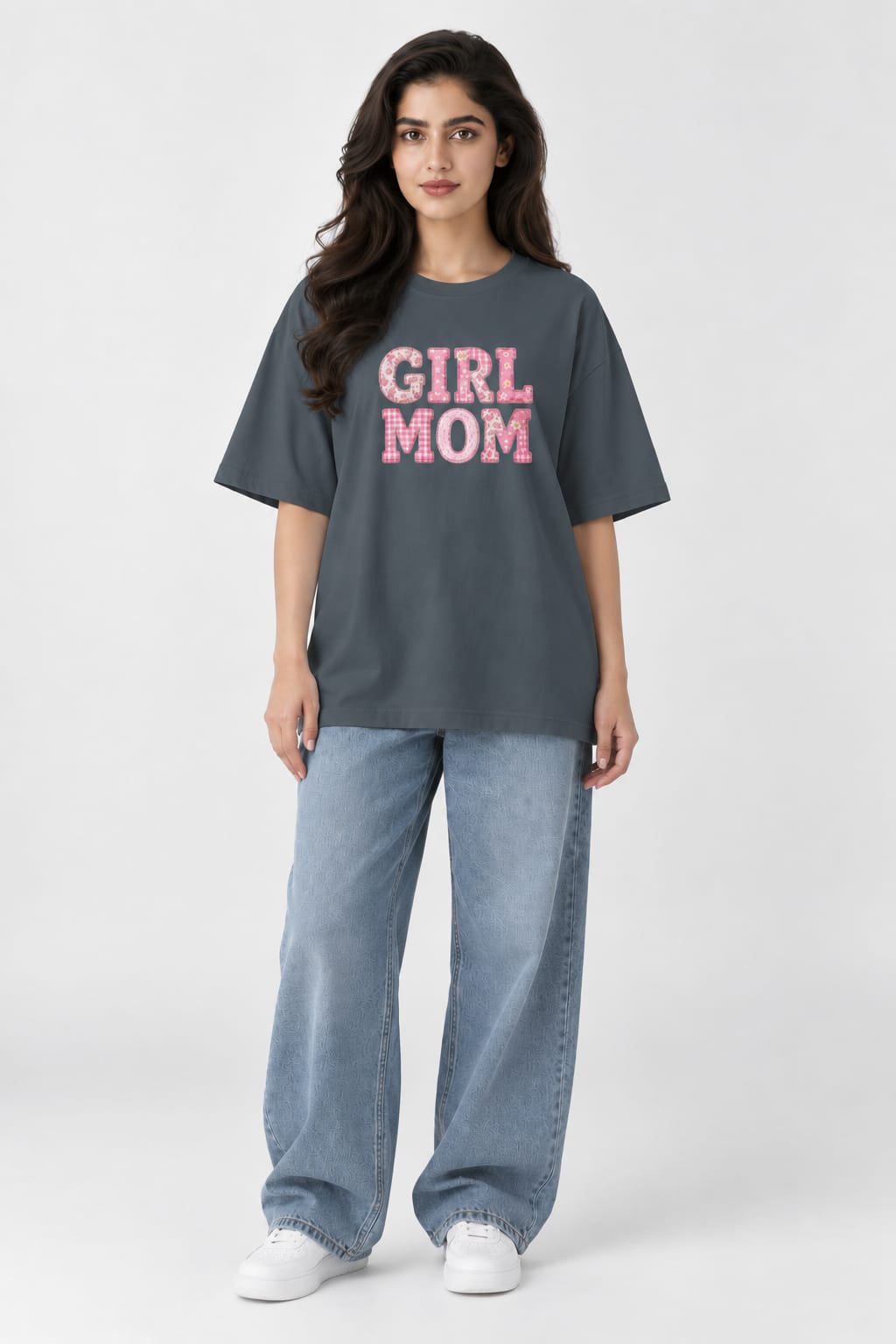 Girl Mom Patterned Block Text Oversized Graphic Grey T-Shirt