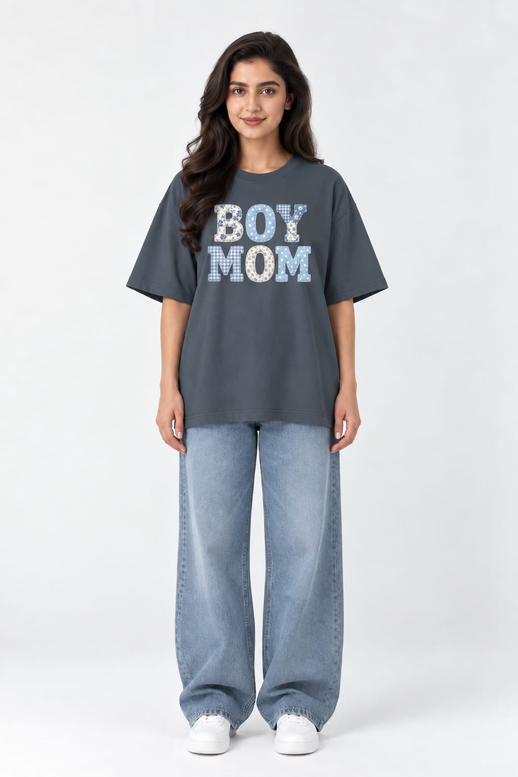 Boy Mom Patterned Block Text Oversized Graphic Grey T-Shirt