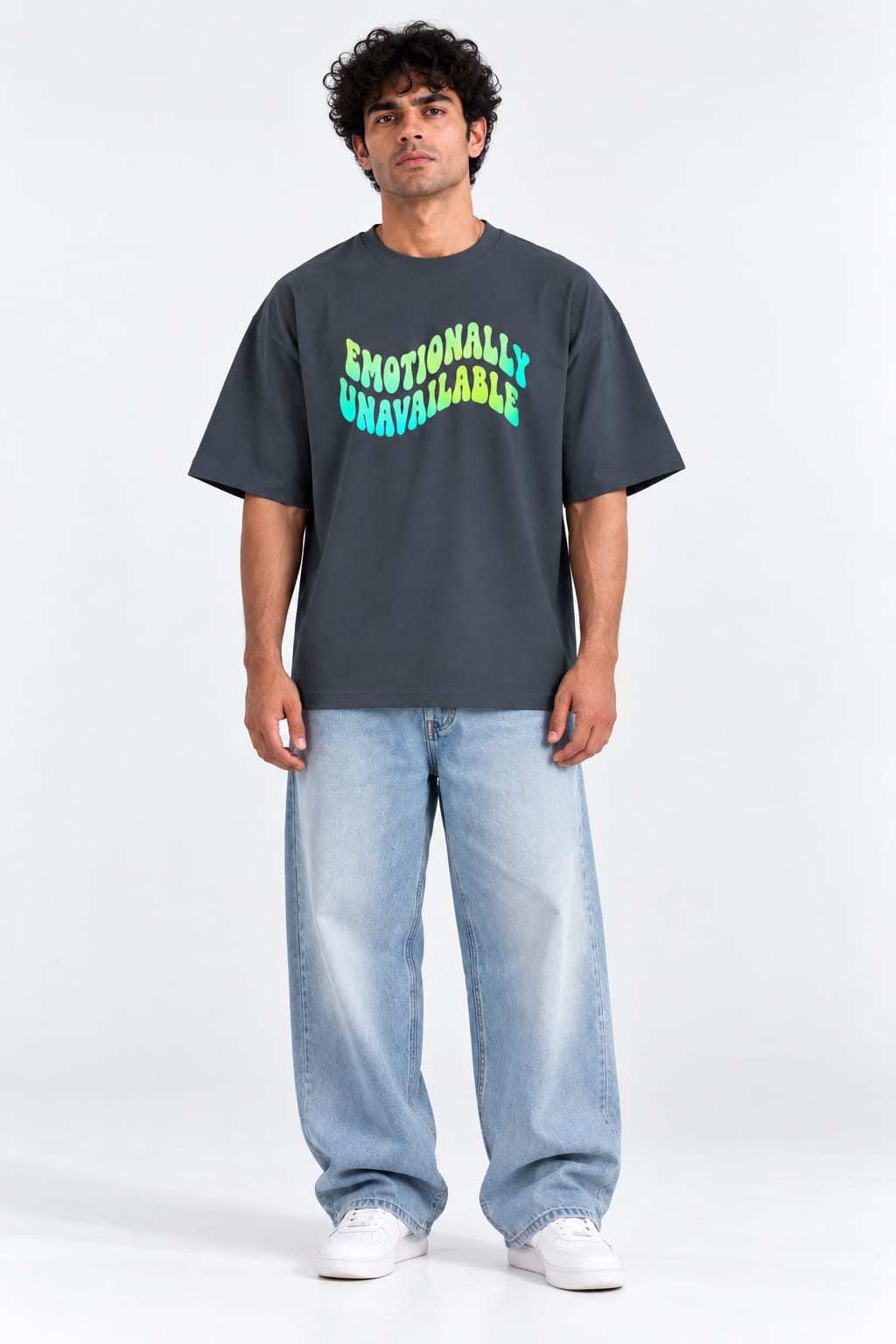 Emotionally Unavailable Neon Wavy Graphic Unisex Oversized Grey T-Shirt