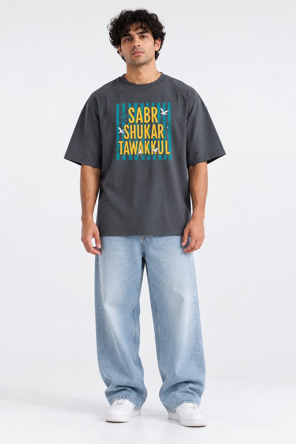 Sabr Shukar Tawakkul Teal Striped Graphic Unisex Oversized Grey T-Shirt