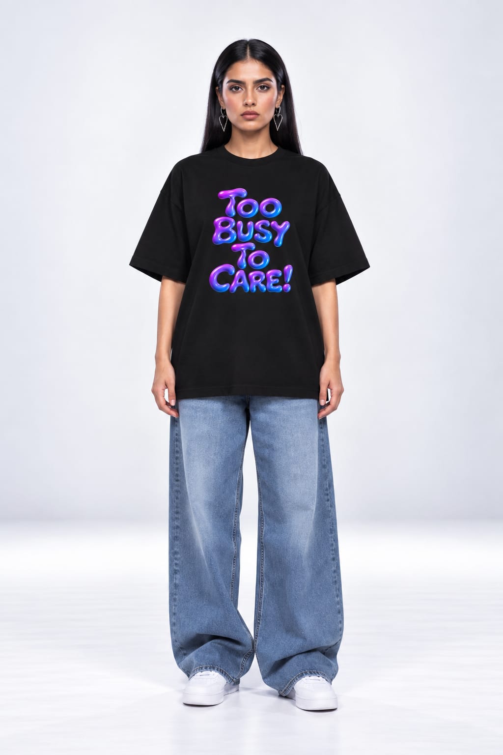 Too Busy To Care Bubble Font Graphic Oversized Unisex Black T-Shirt