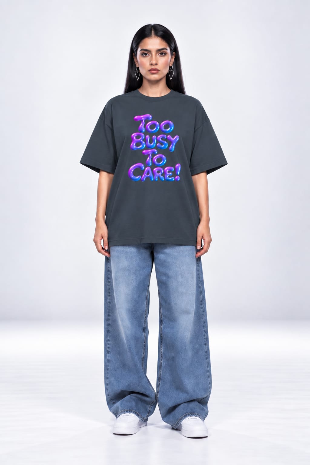 Too Busy To Care Bubble Font Graphic Oversized Unisex Grey T-Shirt