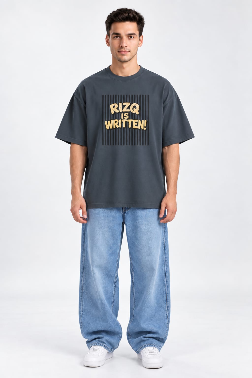 Rizq Is Written Stripes Graphic Oversized Unisex Grey T-Shirt