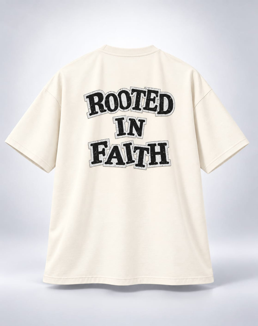 Rooted in Faith Distressed Block Font Oversized Unisex Oatmeal Cream T-Shirt