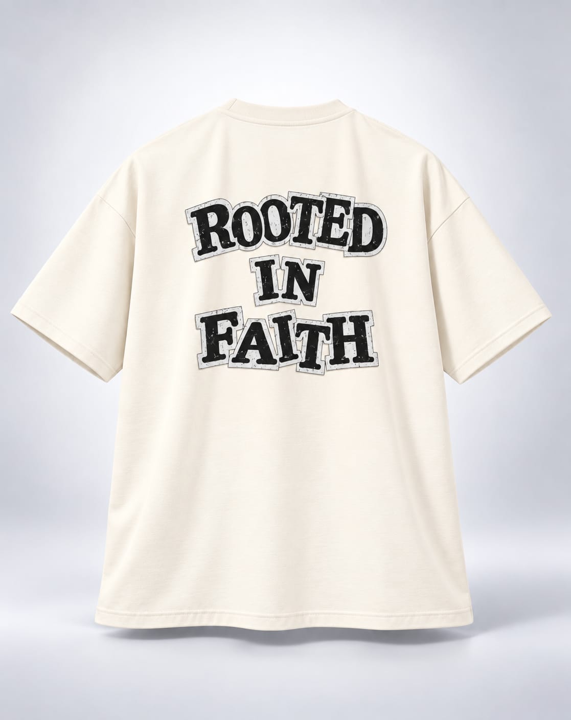 Rooted in Faith Distressed Block Font Oversized Unisex Oatmeal Cream T-Shirt