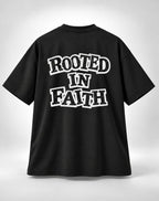 Rooted in Faith Distressed Block Font Oversized Unisex Black T-Shirt