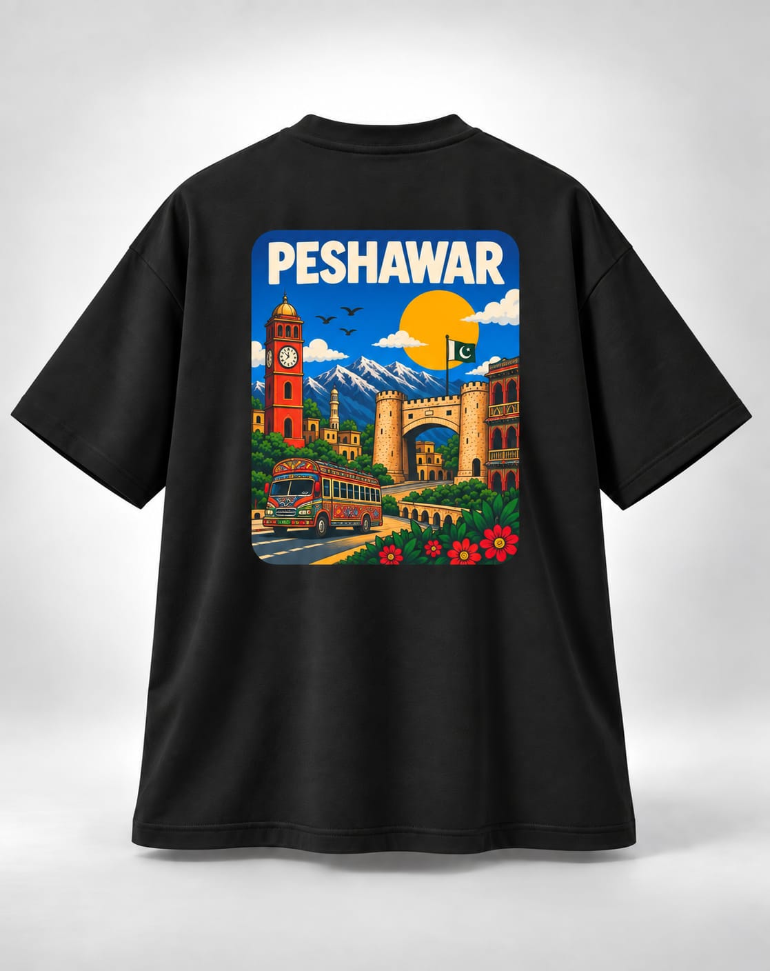 Vintage Peshawar Travel Poster Oversized Unisex Black T-Shirt