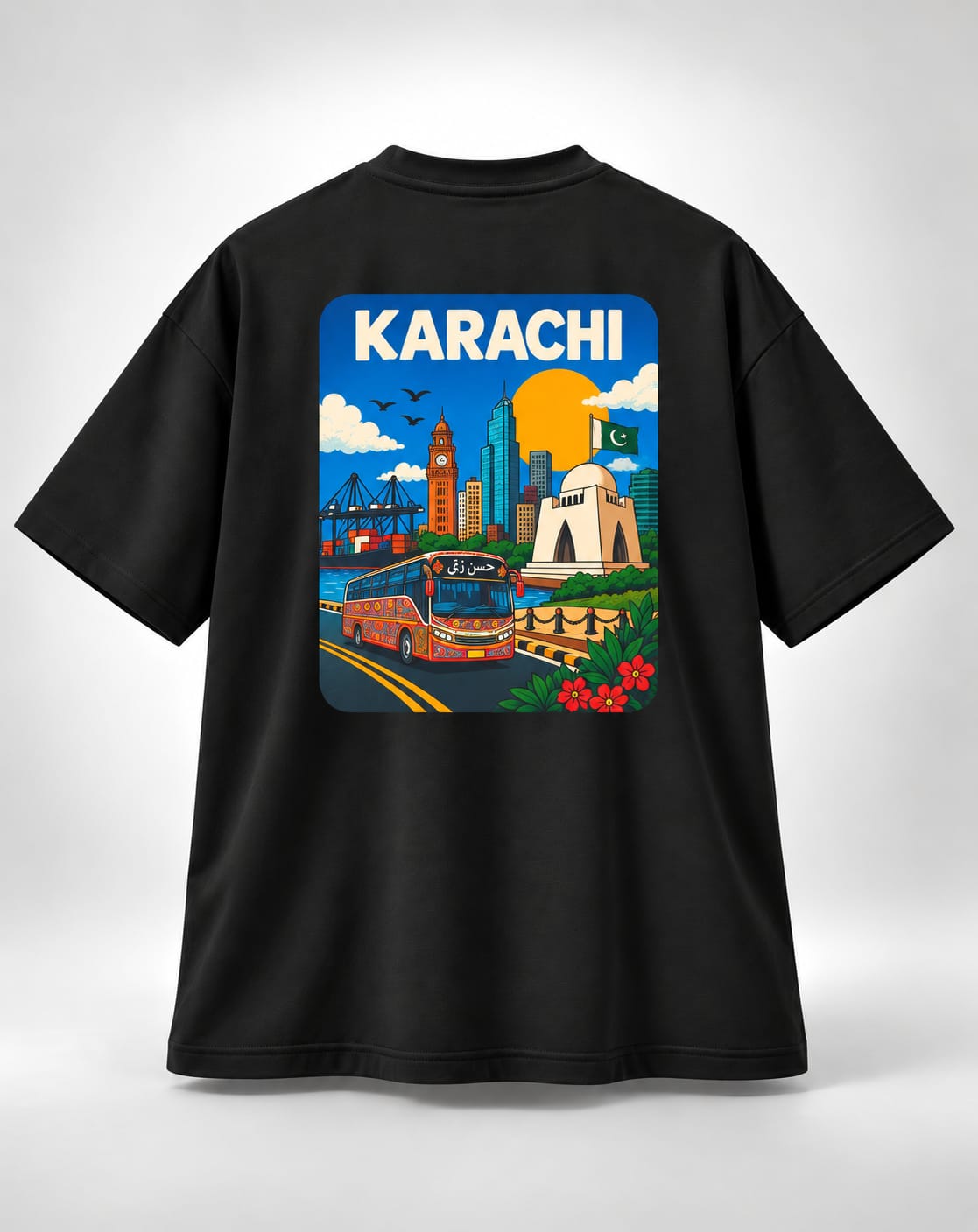 Vintage Karachi Travel Poster Oversized Unisex Black T-Shirt