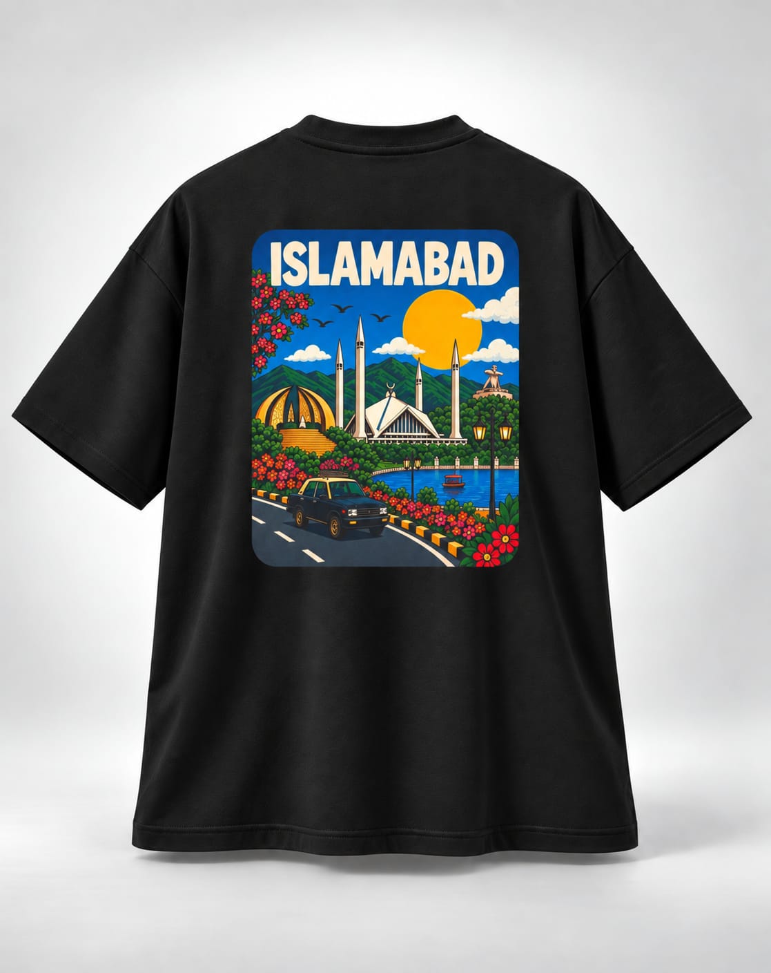 Vintage Islamabad Travel Poster Oversized Unisex Black T-Shirt