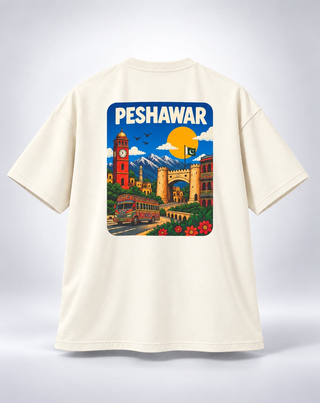 Vintage Peshawar Travel Poster Oversized Unisex Oatmeal Cream T-Shirt