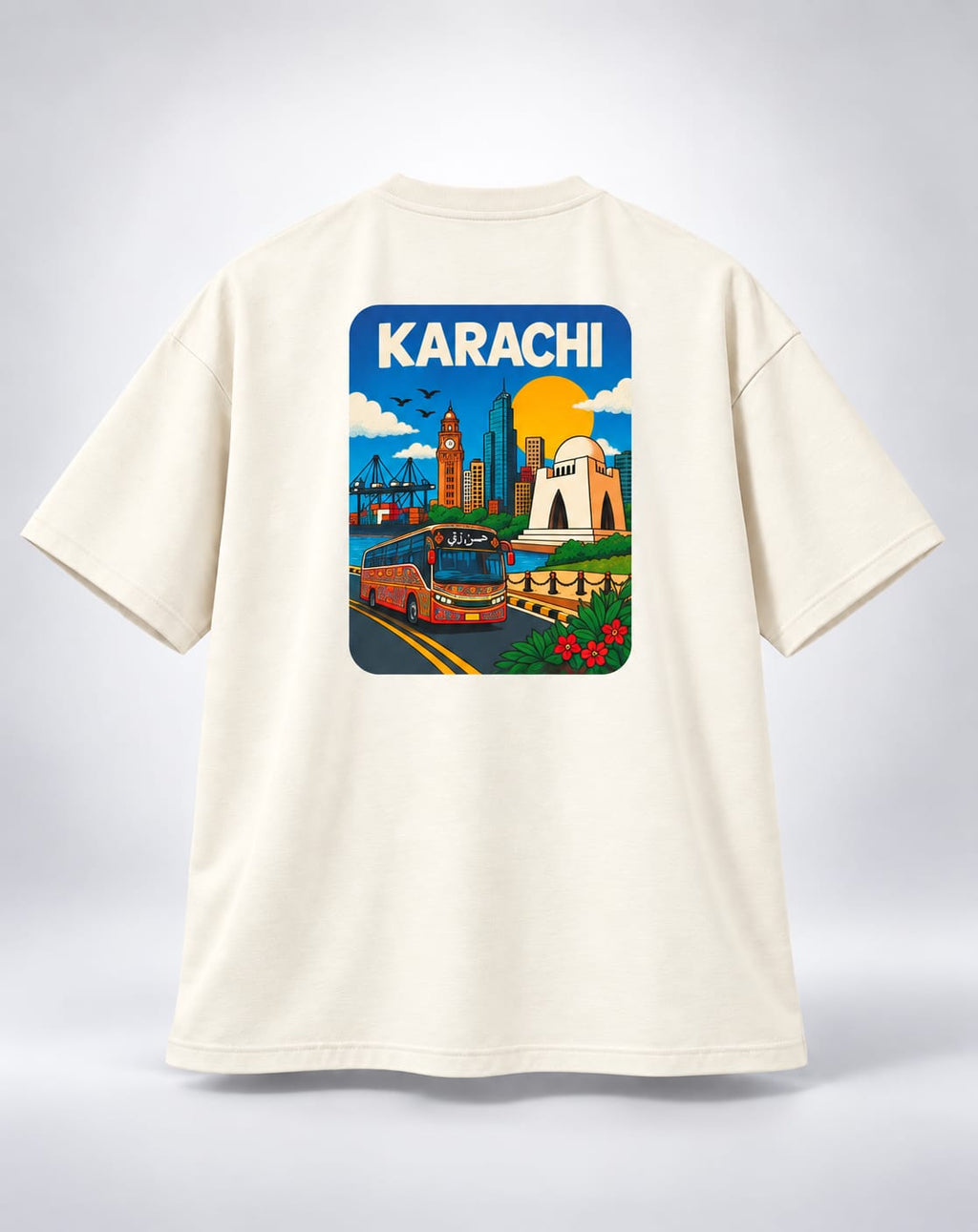 Vintage Karachi Travel Poster Oversized Unisex Oatmeal Cream T-Shirt