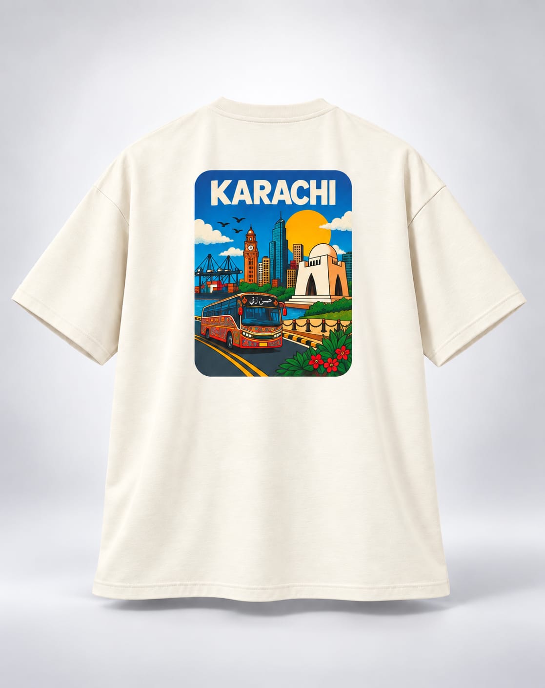 Vintage Karachi Travel Poster Oversized Unisex Oatmeal Cream T-Shirt