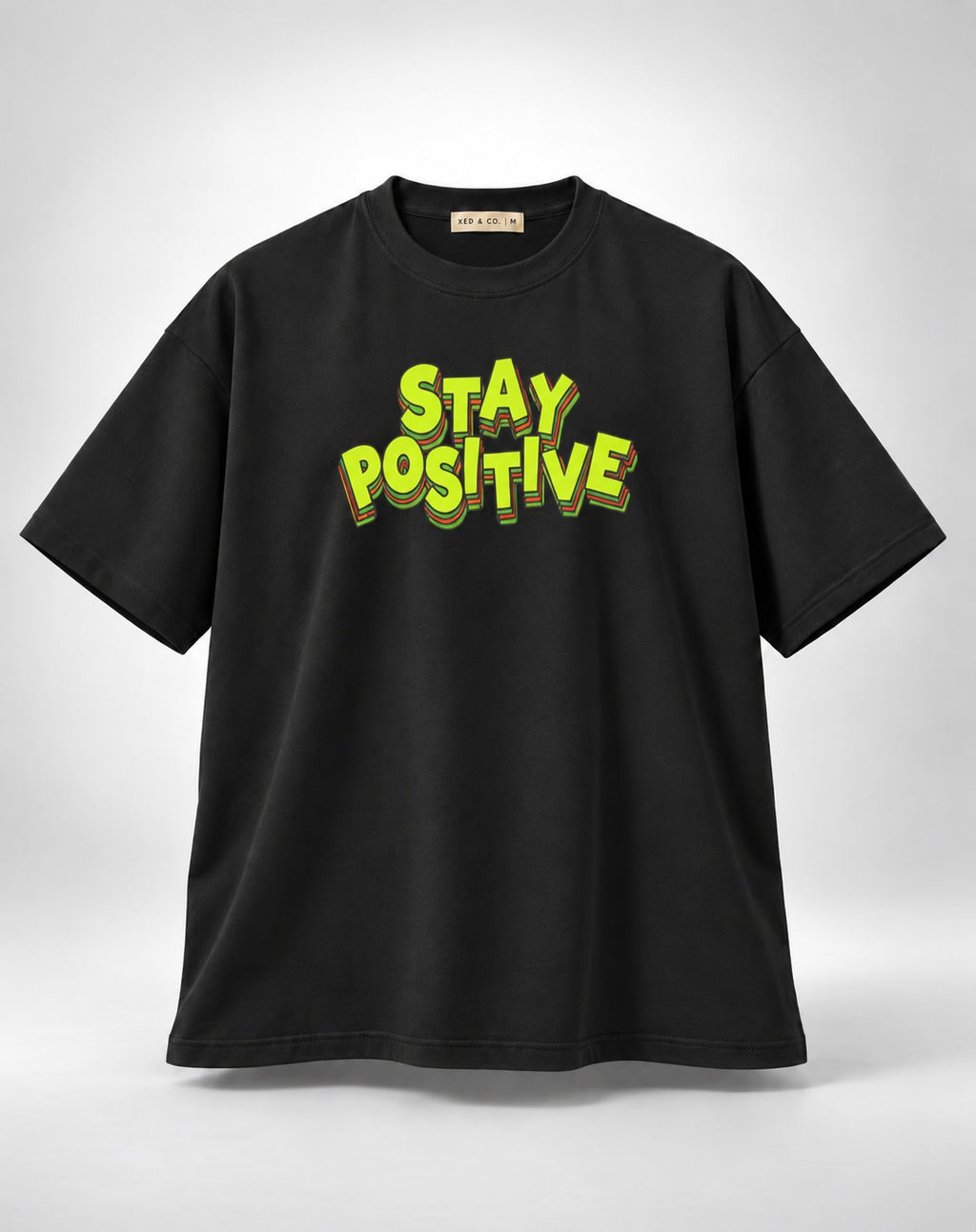 Stay Positive Retro Layered Graphic Oversized Unisex Black T-Shirt