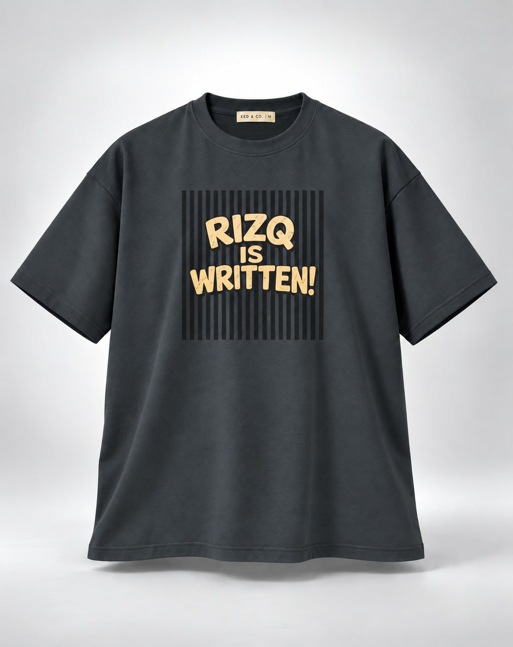 Rizq Is Written Stripes Graphic Oversized Unisex Grey T-Shirt