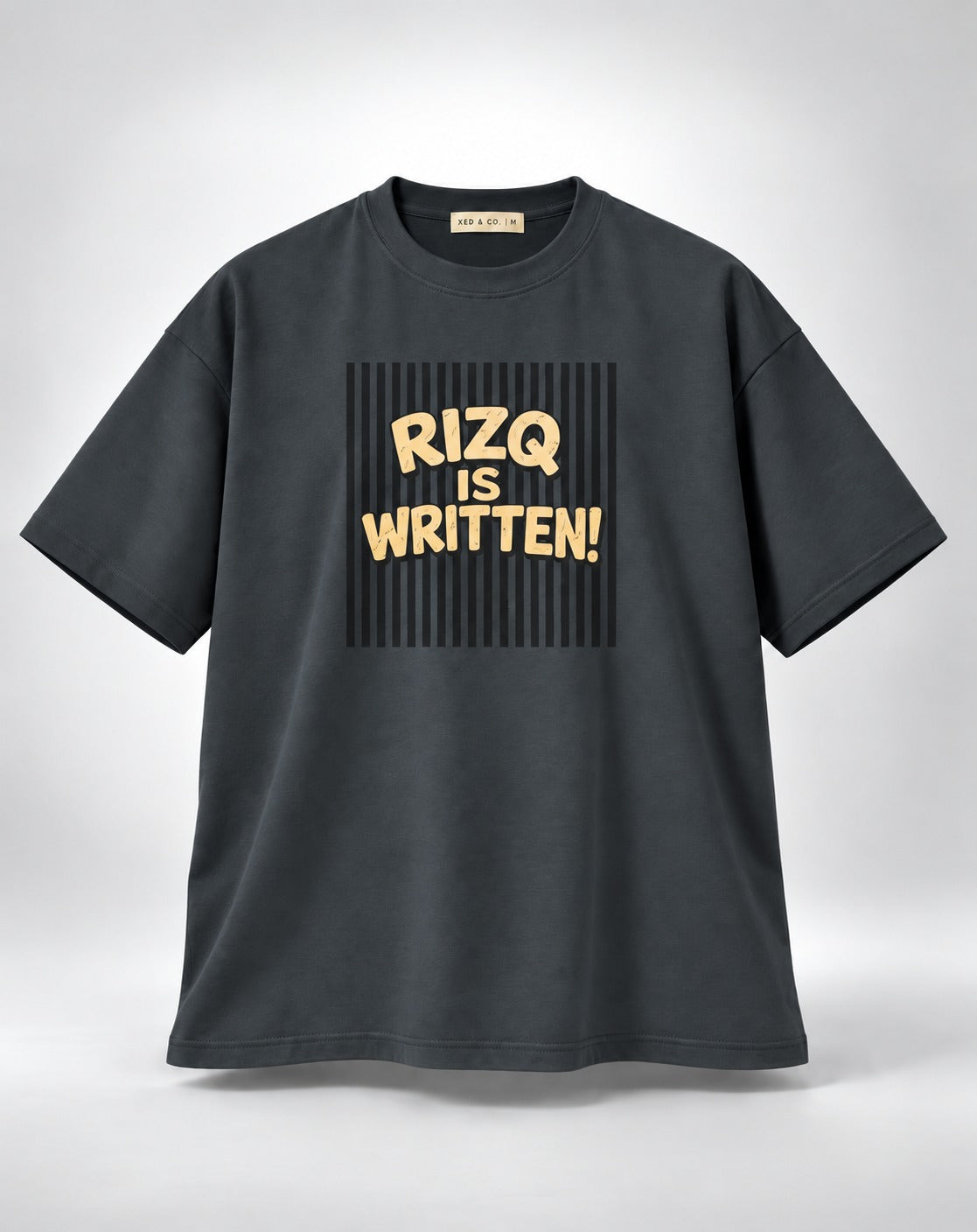 Rizq Is Written Stripes Graphic Oversized Unisex Grey T-Shirt