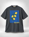 Neemboo Lemon Striped Graphic Oversized Unisex Grey T-Shirt