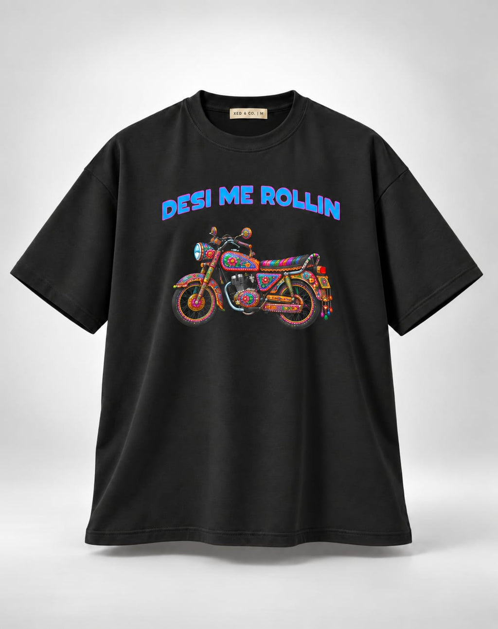Desi Me Rollin Truck Art Motorcycle Oversized Unisex Urdu Graphic Black T-Shirt
