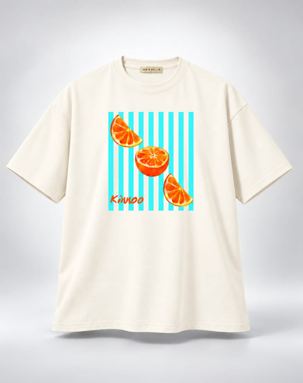Kinnoo Citrus Aqua Stripes Oversized Unisex Graphic Oatmeal Cream T-Shirt