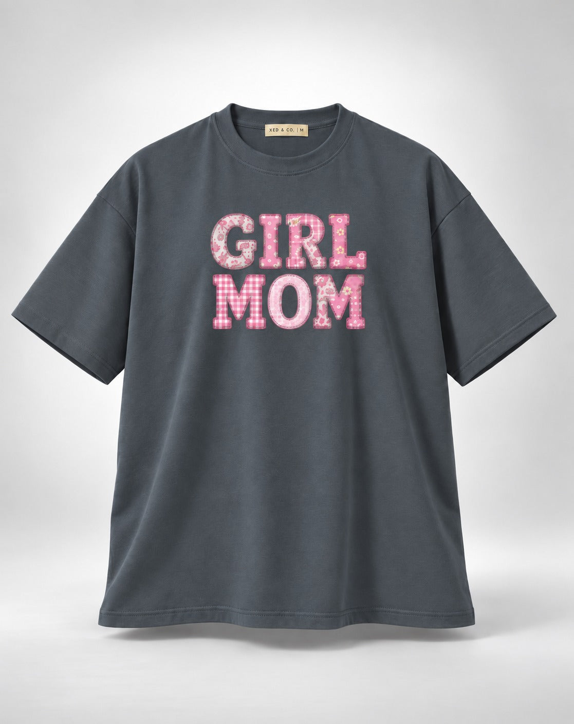 Girl Mom Patterned Block Text Oversized Graphic Grey T-Shirt