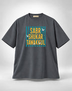 Sabr Shukar Tawakkul Teal Striped Graphic Unisex Oversized Grey T-Shirt