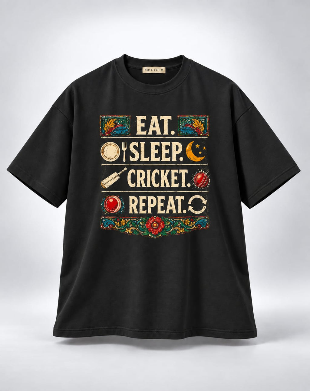 Eat Sleep Cricket Repeat Graphic Oversized Unisex Black T-Shirt