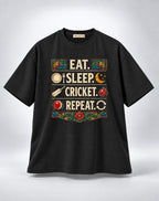 Eat Sleep Cricket Repeat Graphic Oversized Unisex Black T-Shirt