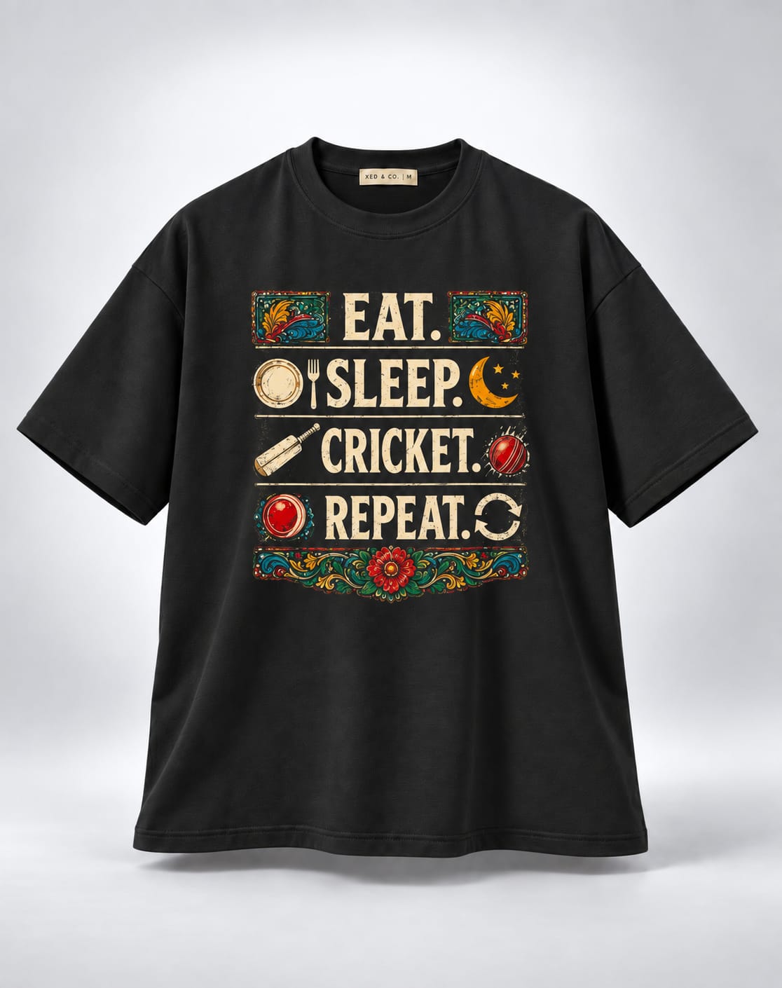 Eat Sleep Cricket Repeat Graphic Oversized Unisex Black T-Shirt