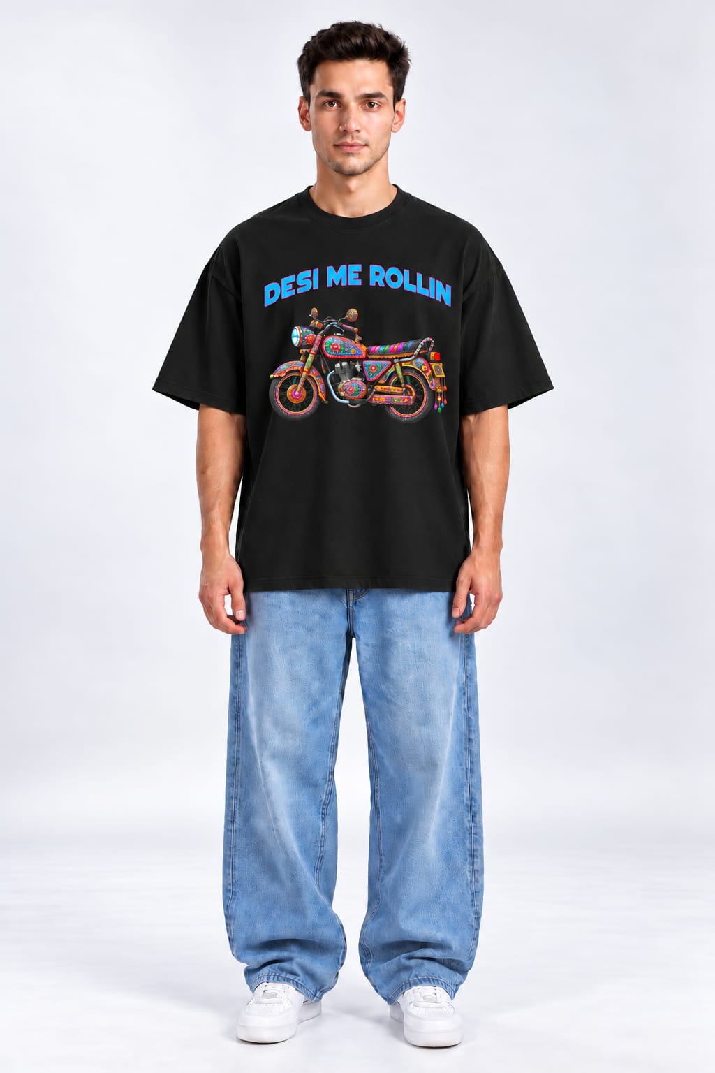 Desi Me Rollin Truck Art Motorcycle Oversized Unisex Urdu Graphic Black T-Shirt